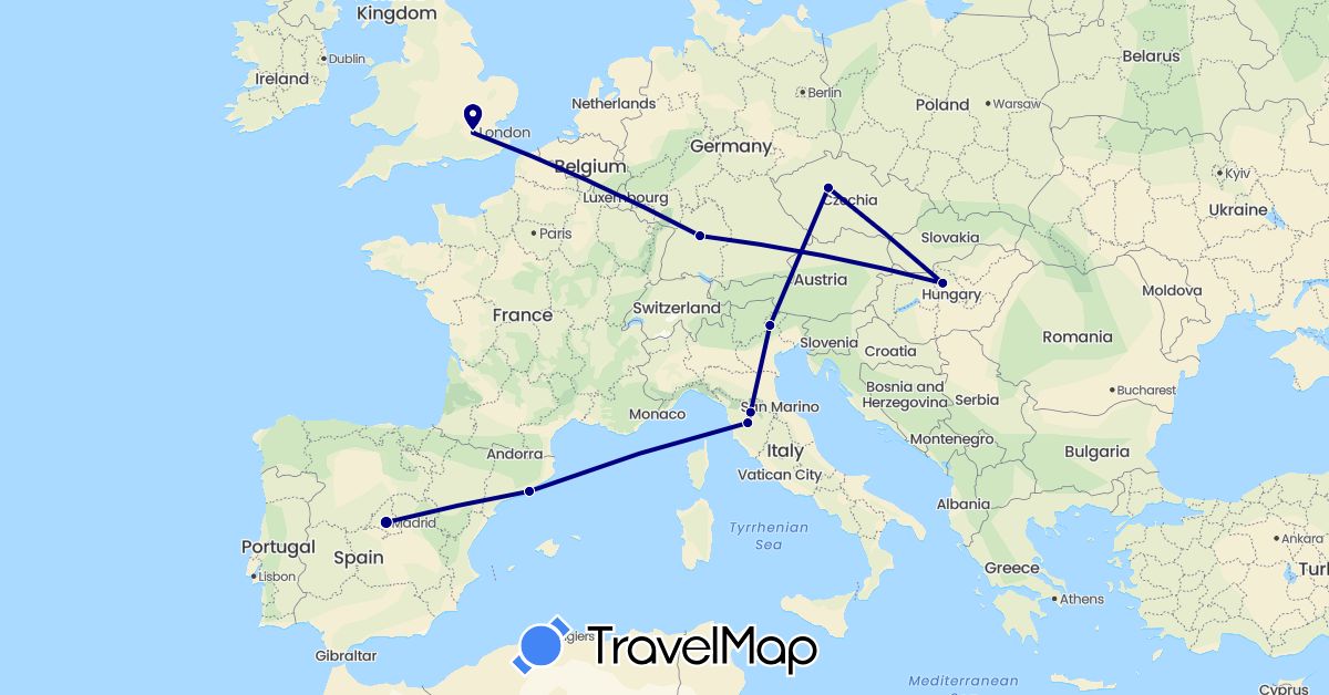 TravelMap itinerary: driving in Czech Republic, Germany, Spain, United Kingdom, Hungary, Italy (Europe)